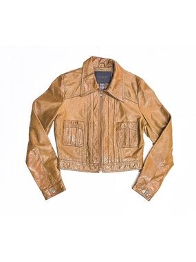 Vintage Y2K Guess Distressed Genuine Leather Brown Women’s M Zip Moto Jacket
